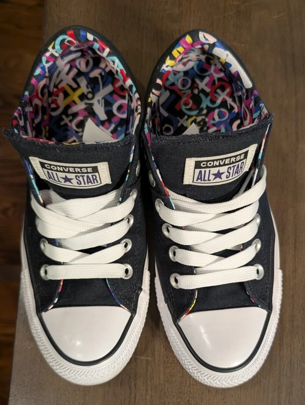 Converse Black Low Top Sneakers with Colorful Patterned Lining